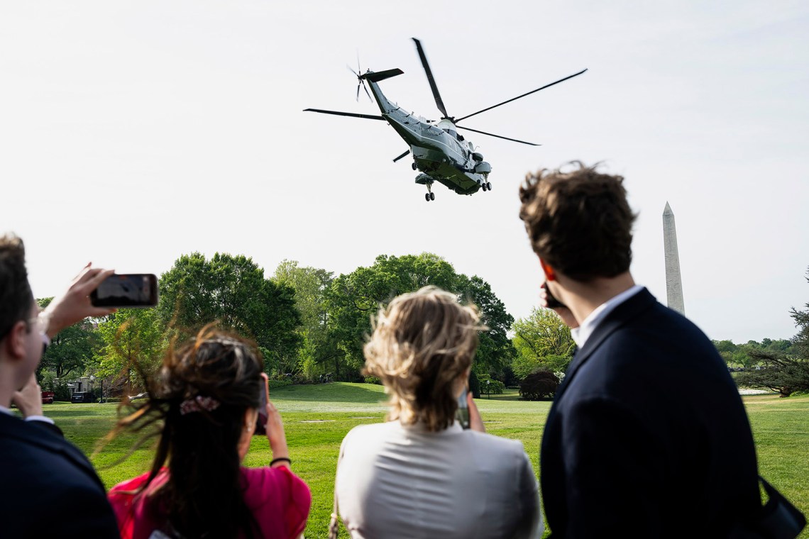 A helicopter taking off from the South Lawn of the White House